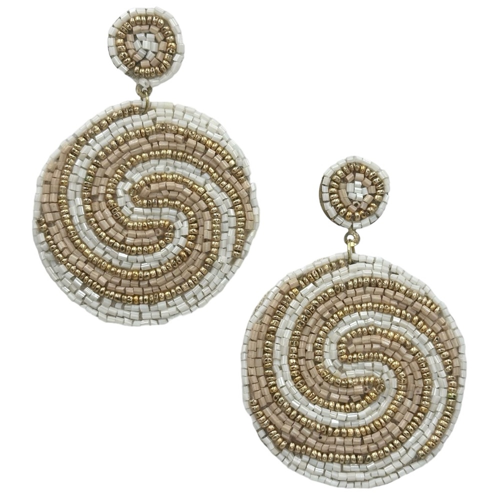 Seed Bead Wave Disk White Cream Statement Post Drop Earrings
